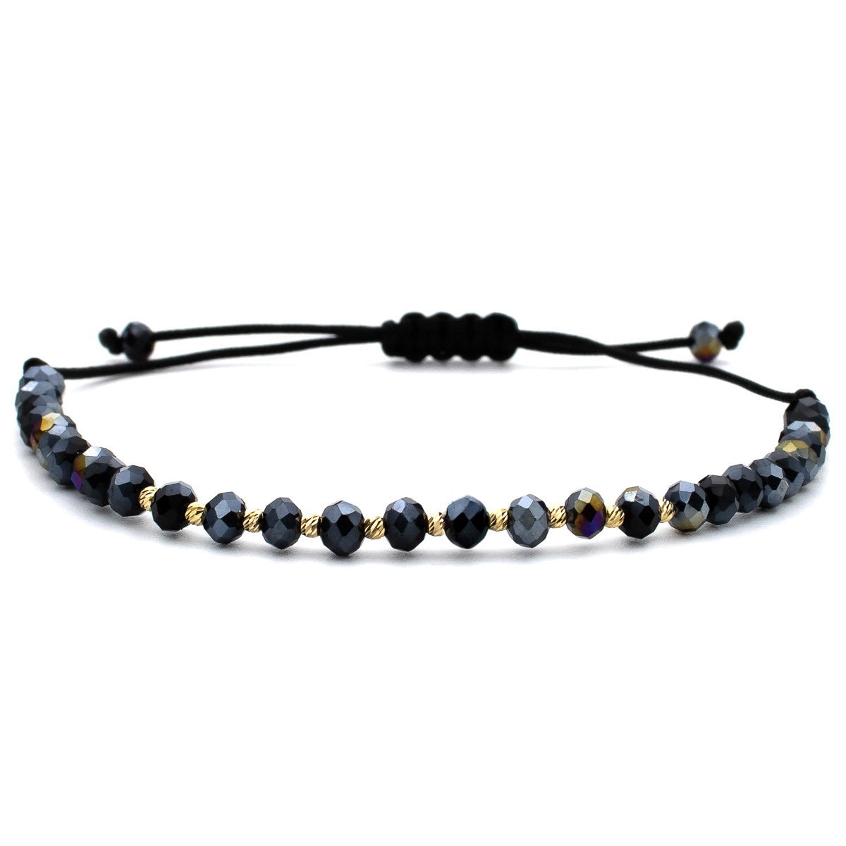 Brățară ZERAH cu bile fațetate de hematit iridescent și aur 14k, pe șnur negru reglabil #Culoare_hematit iridescent