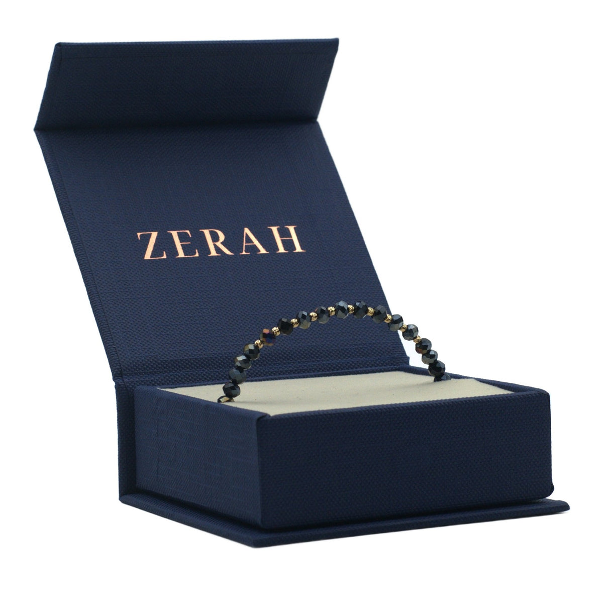 Brățară ZERAH din hematit iridescent și aur 14k, în cutia cadou bleumarin cu logo auriu #Culoare_hematit iridescent