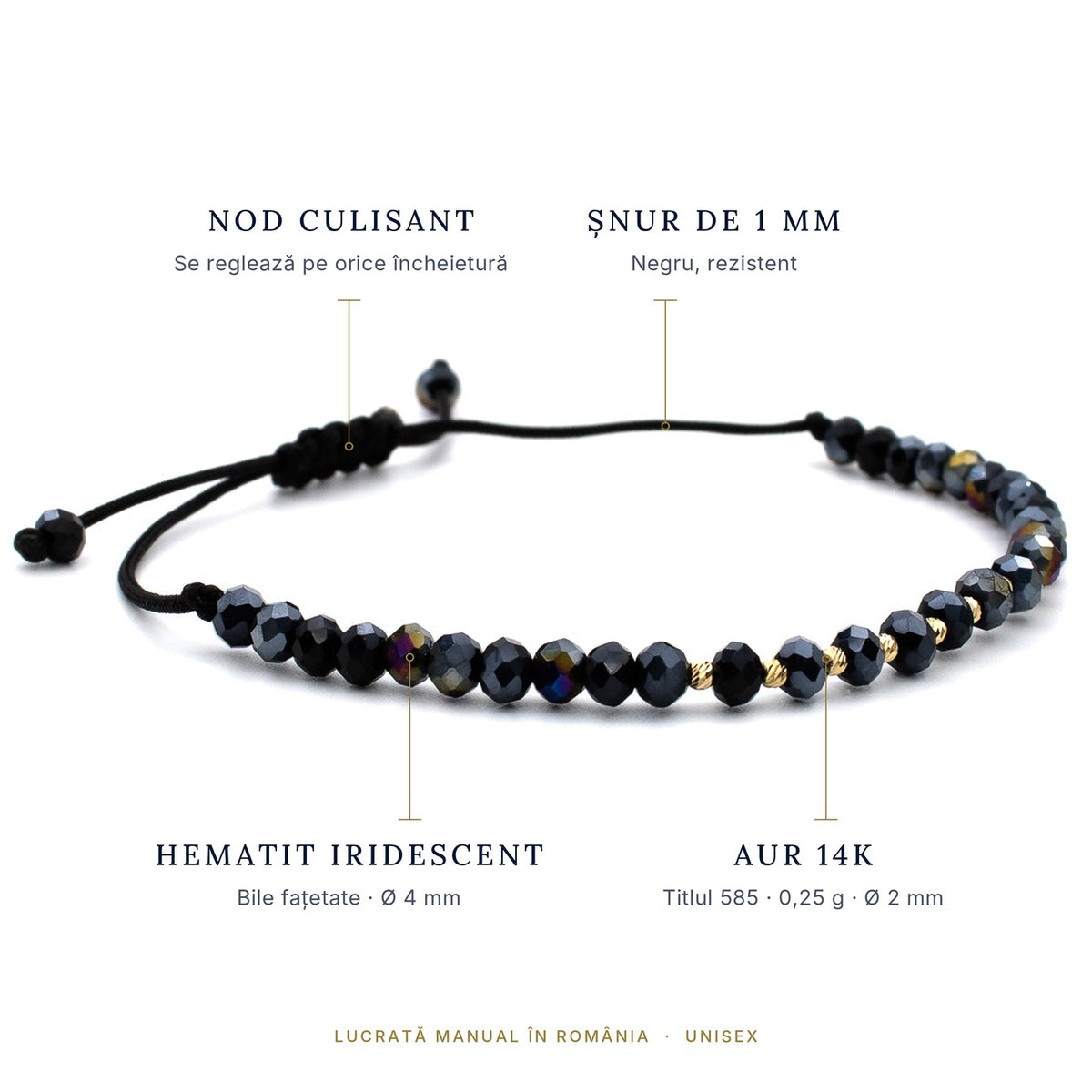 Brățara ZERAH din hematit iridescent cu detalii: bile de aur 14k titlul 585 de 0,25 g și 2 mm, hematit fațetat de 4 mm, nod culisant reglabil și șnur negru de 1 mm #Culoare_hematit iridescent