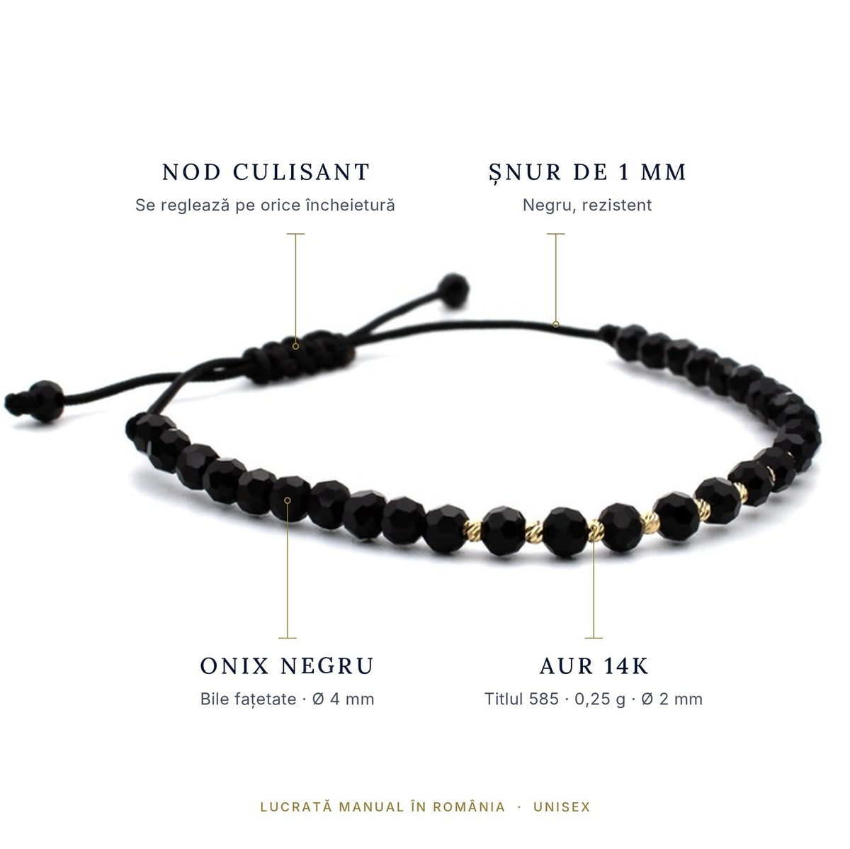 Brățara ZERAH din onix negru cu detalii: bile de aur 14k titlul 585 de 0,25 g și 2 mm, onix natural fațetat de 4 mm, nod culisant reglabil și șnur negru de 1 mm #Culoare_onix negru